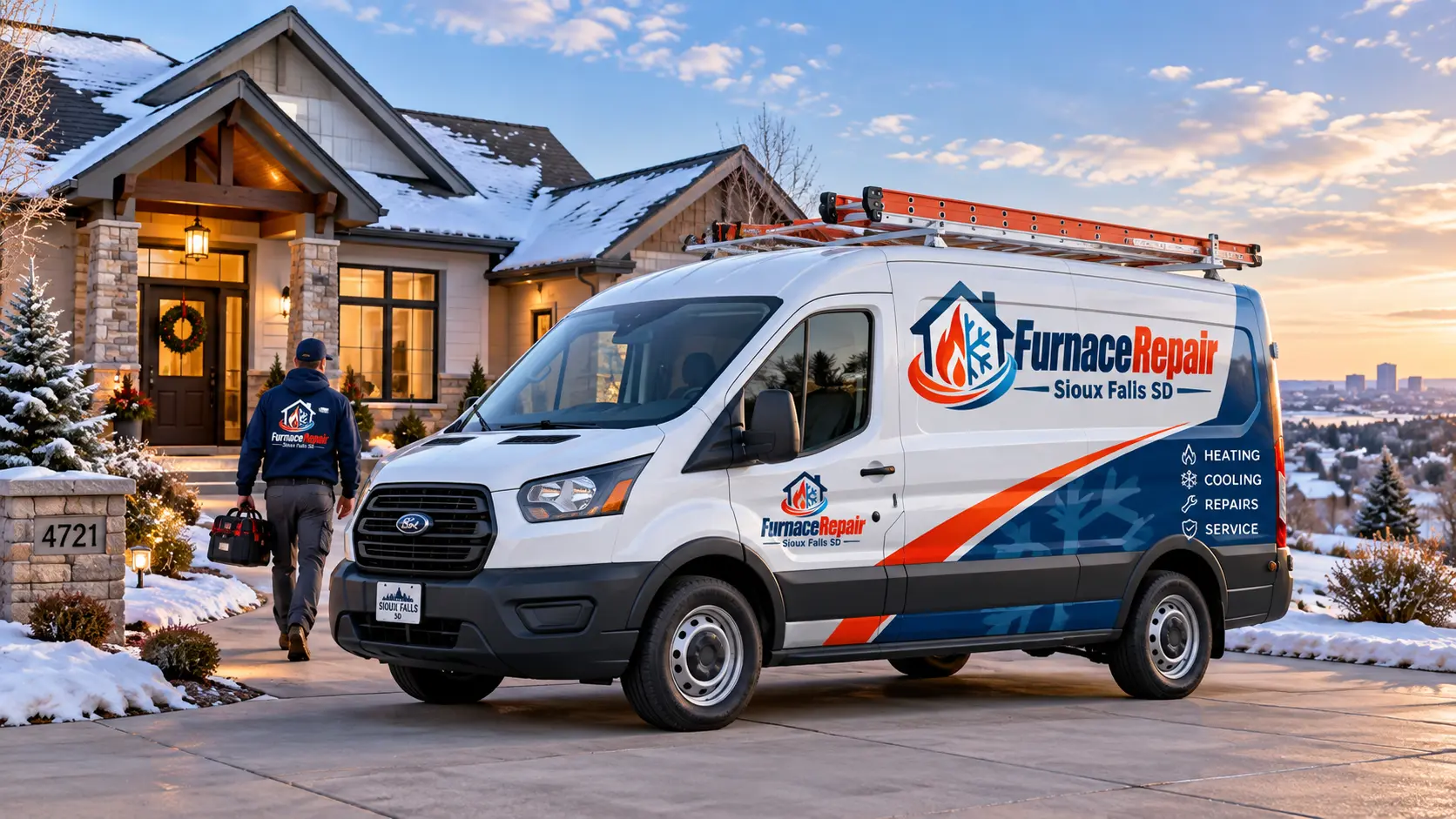 Furnace Repair Sioux Falls SD service van parked at a residential home on a snowy winter day