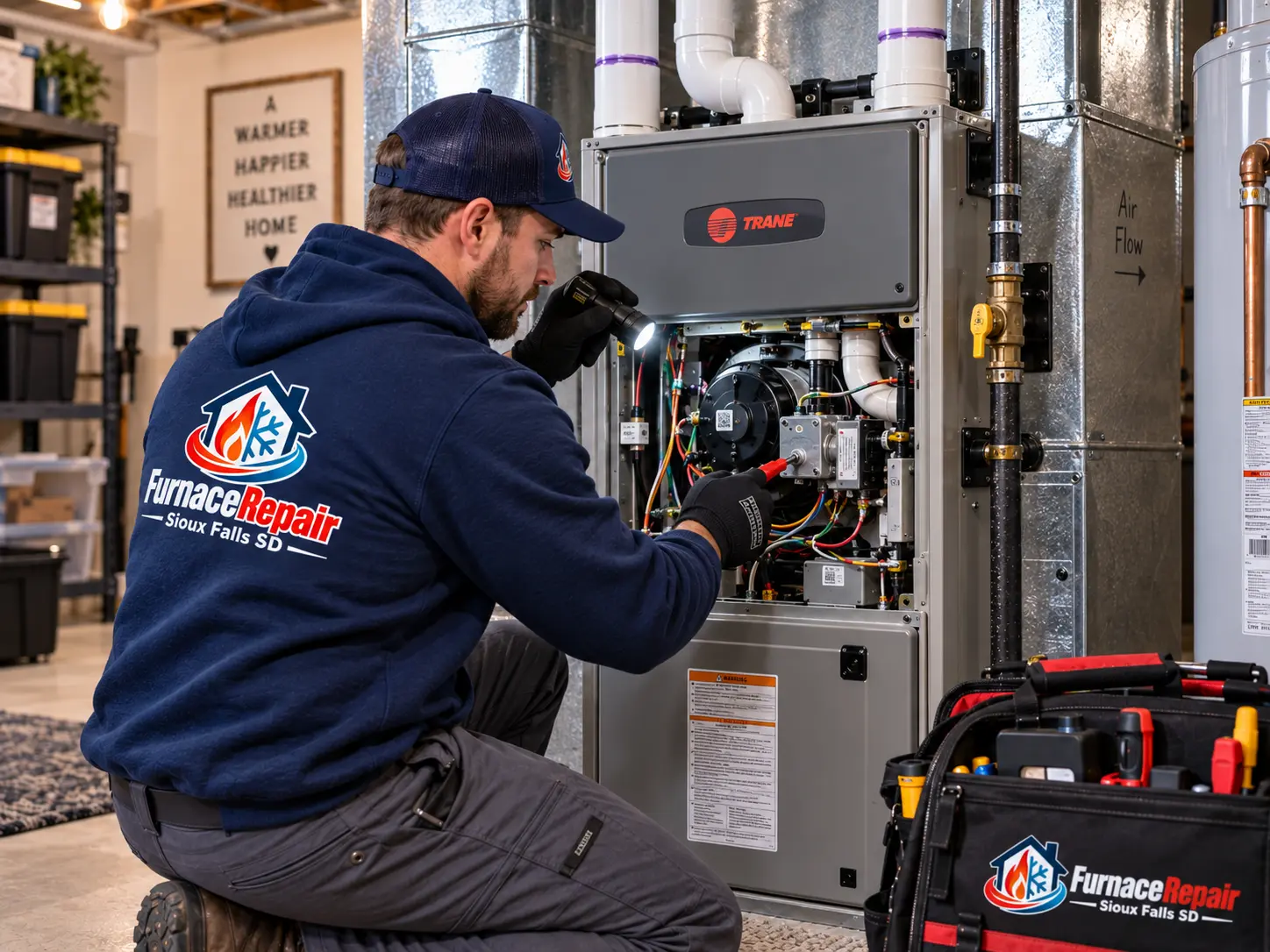 Technician inspecting a high-efficiency furnace burner compartment with a flashlight